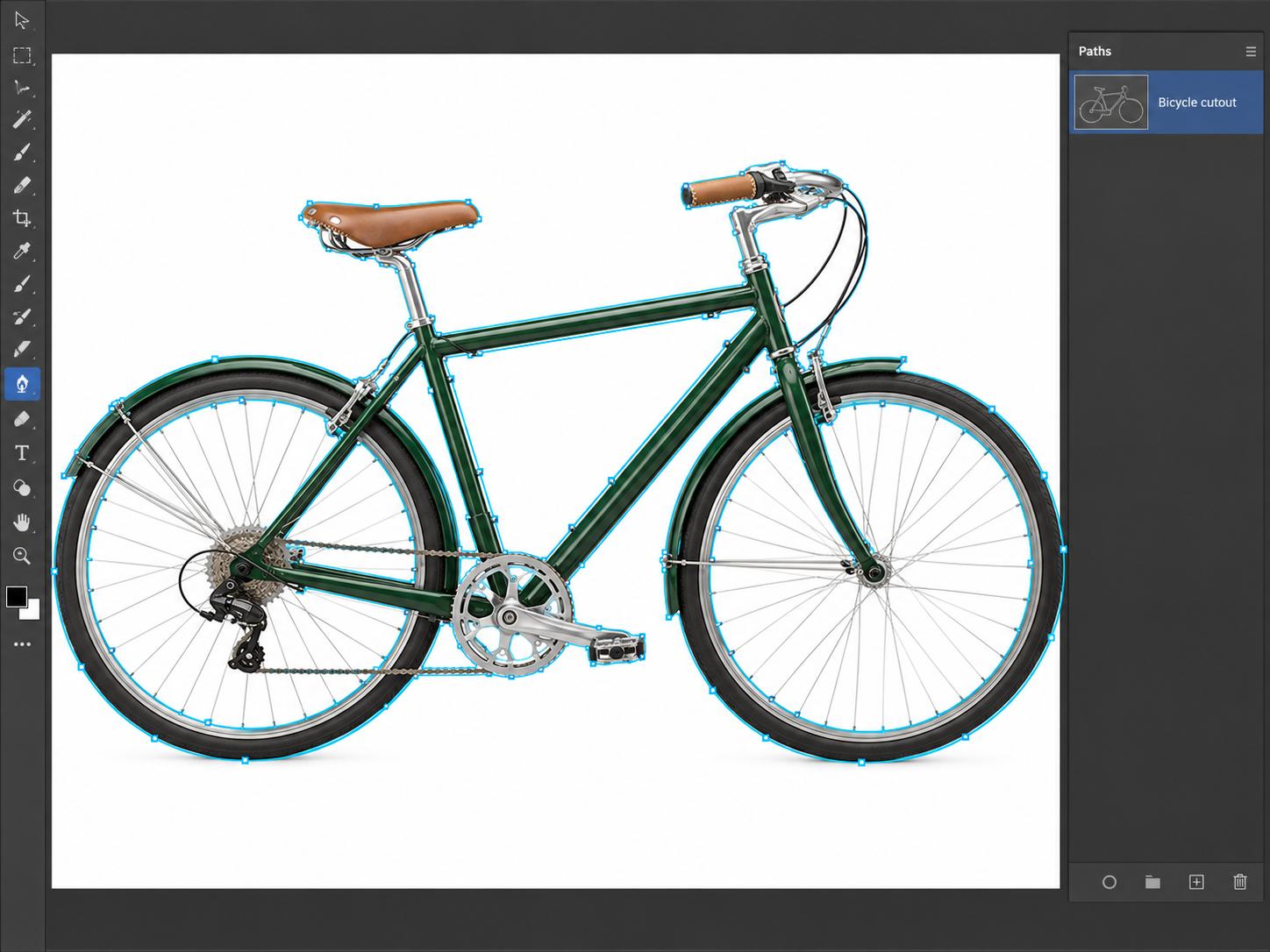 Illustrative workspace showing a green touring bicycle with clipping-path anchors along its contours and internal openings, and a saved Bicycle cutout path